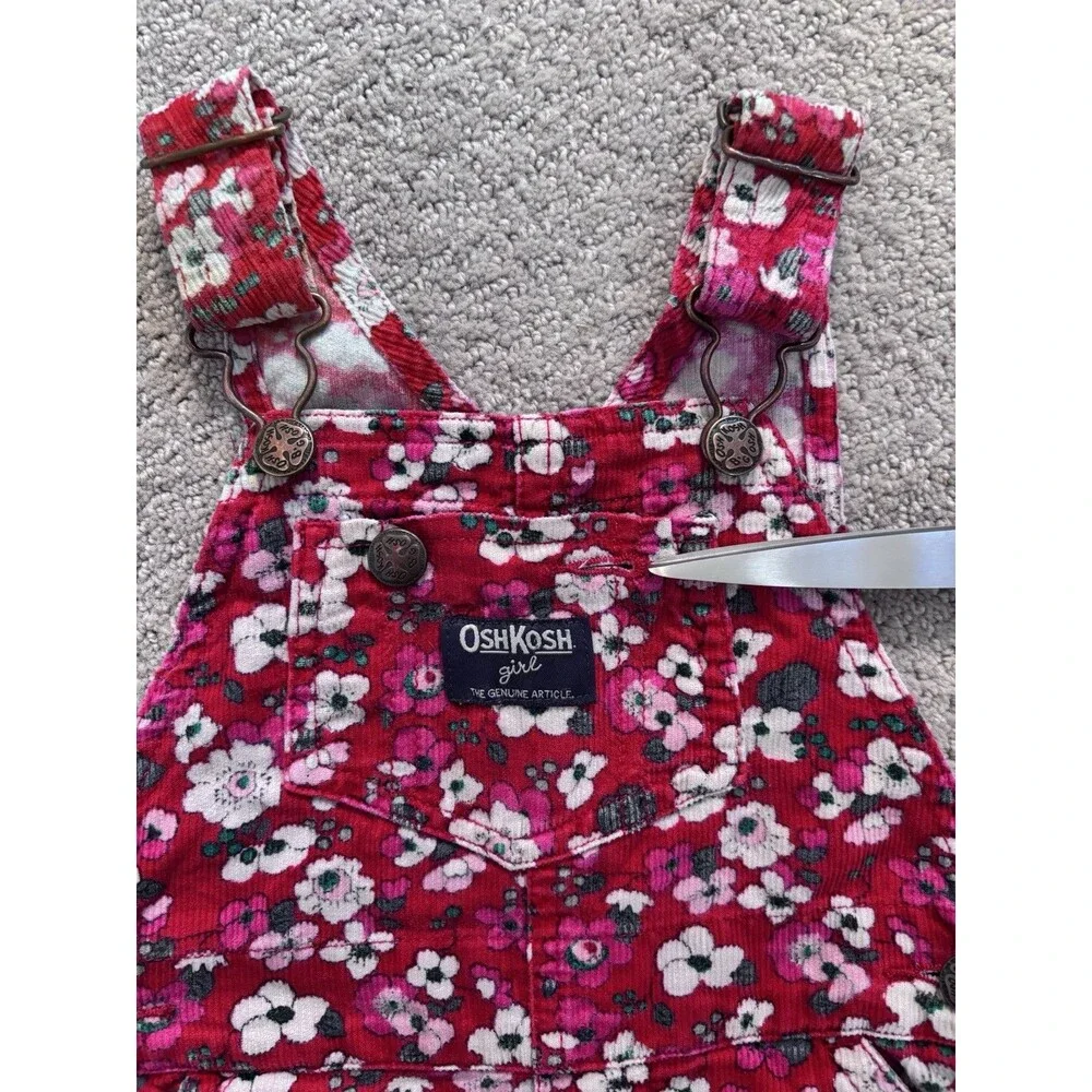 Oshkosh B’Gosh Vestbak Girl’s Red Corduroy Floral Overalls Cherry Blossom 18 Mo